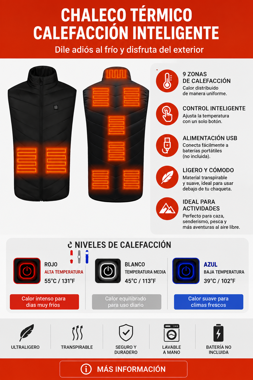 Chaleco Térmico Calefactable USB de 9 Zonas para Caza y Senderismo en Invierno